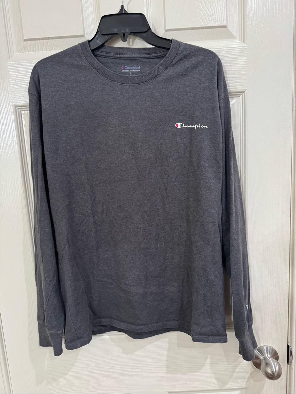 Champion Men's Long Sleeve Crewneck Shirt - Charcoal Gray with White & Red Logo